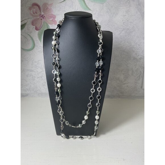 Long Layered Multi-Color Beaded Necklace With Silver-Tone Chain & Lobster Clasp - Picture 2 of 4